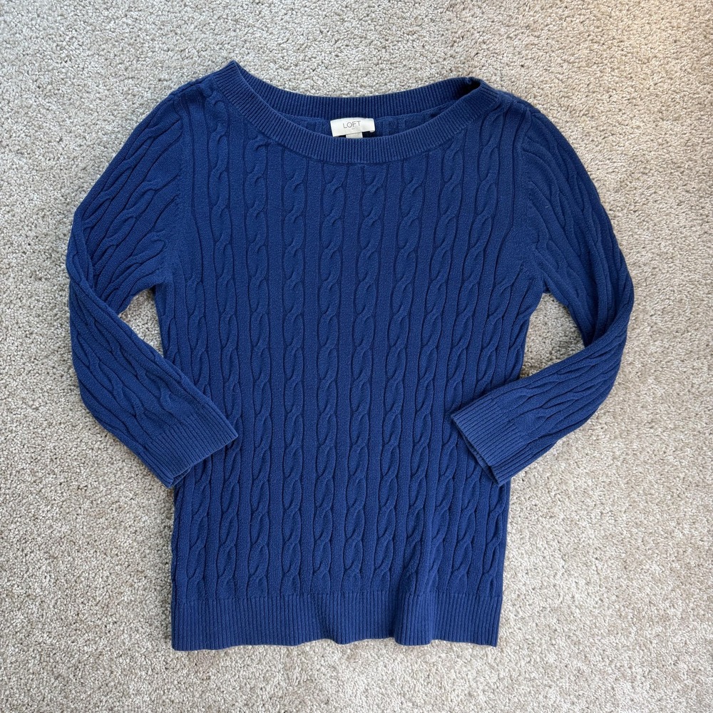 LOFT Sweater Womens Large Blue Boat Neck Cable-Knit Cotton Pullover Long Sleeve
